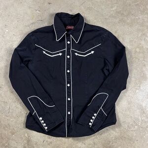 Women's Y2K Route 66 Black Western Shirt with White Button Snaps Size 14
